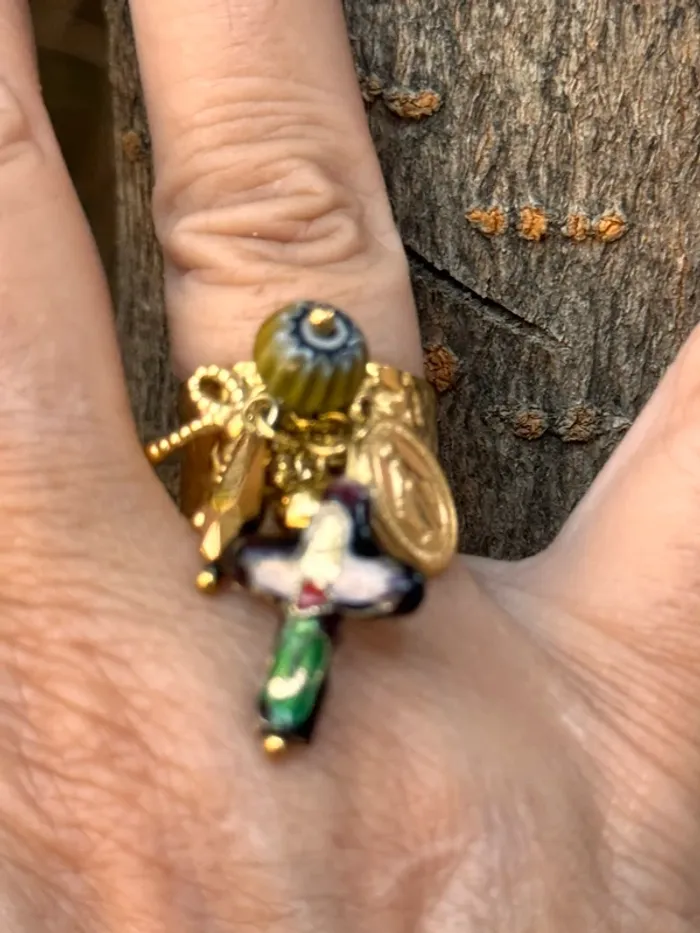 Bague habaha Paris large réglable médaille vierge croix porcelaine œuf perle pierre - photo numéro 3