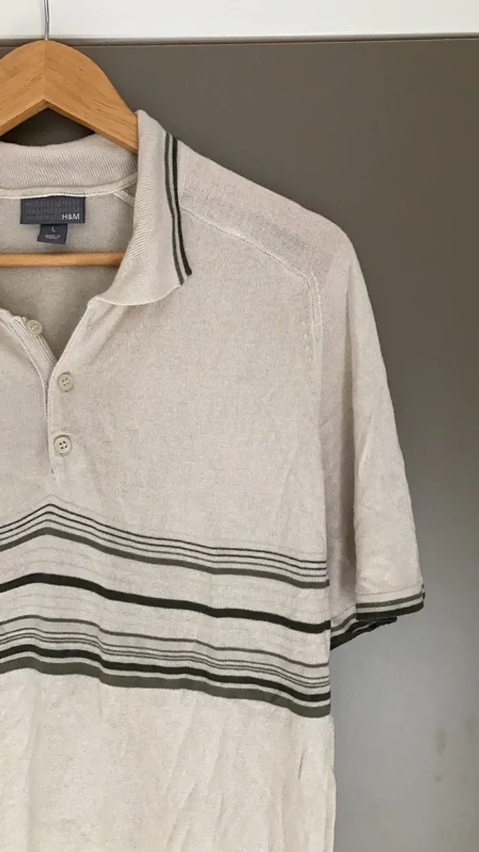 Polo homme manches courtes L écru rayures kaki H&M - photo numéro 5