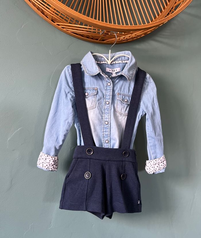 Ensemble chemise jean et short à bretelles 3/4 ans - Bleu & Marine