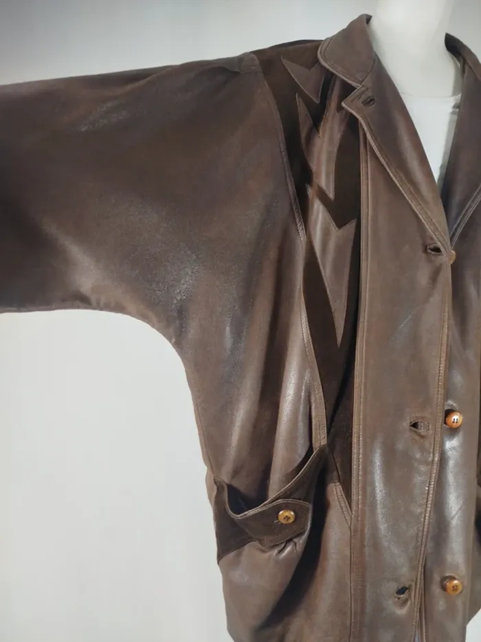 Veste en cuir vintage marron à motif A832 - photo numéro 3