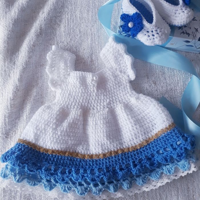 Vêtement bébé fille robe bleue crochet dentelle papillon doré naissance cadeau maternité - photo numéro 6
