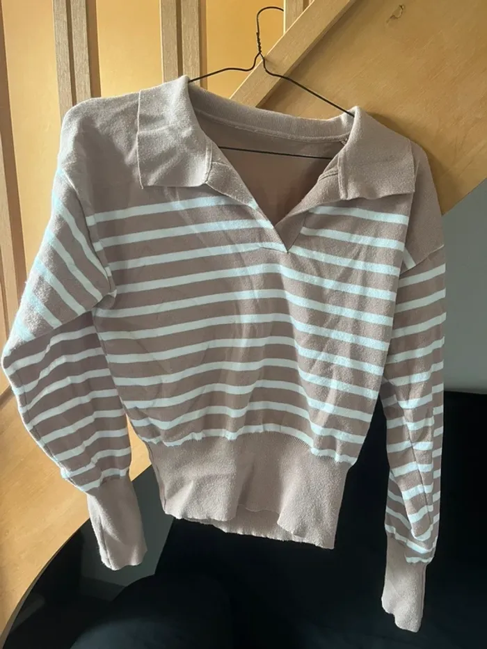 pull col v à rayures beige marron clair et blanc - photo numéro 3