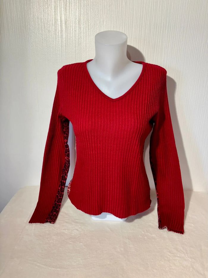 Pull col V femme rouge léopard Tissaia - Taille L