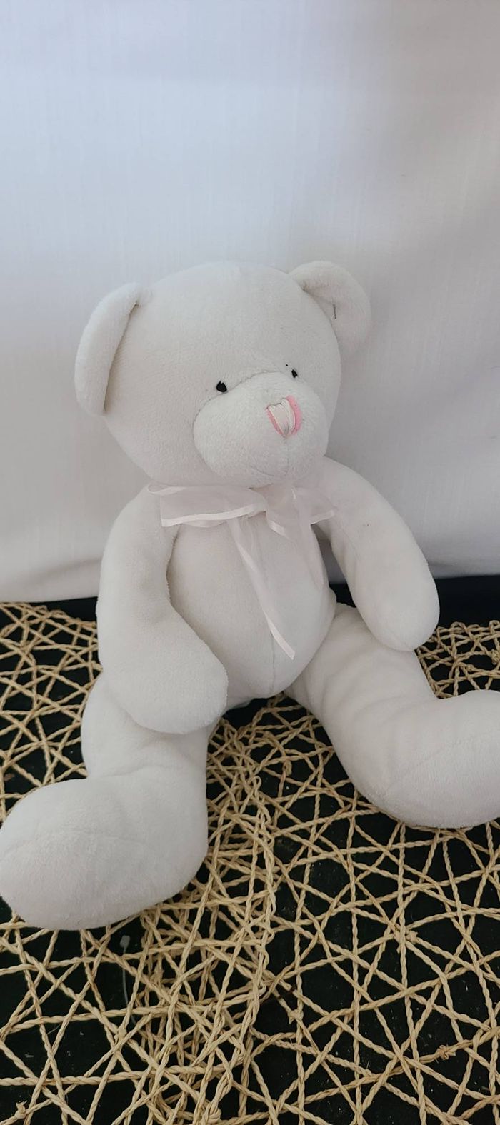 Doudou peluche ours blanc, noeud rose, Playkids - photo numéro 3