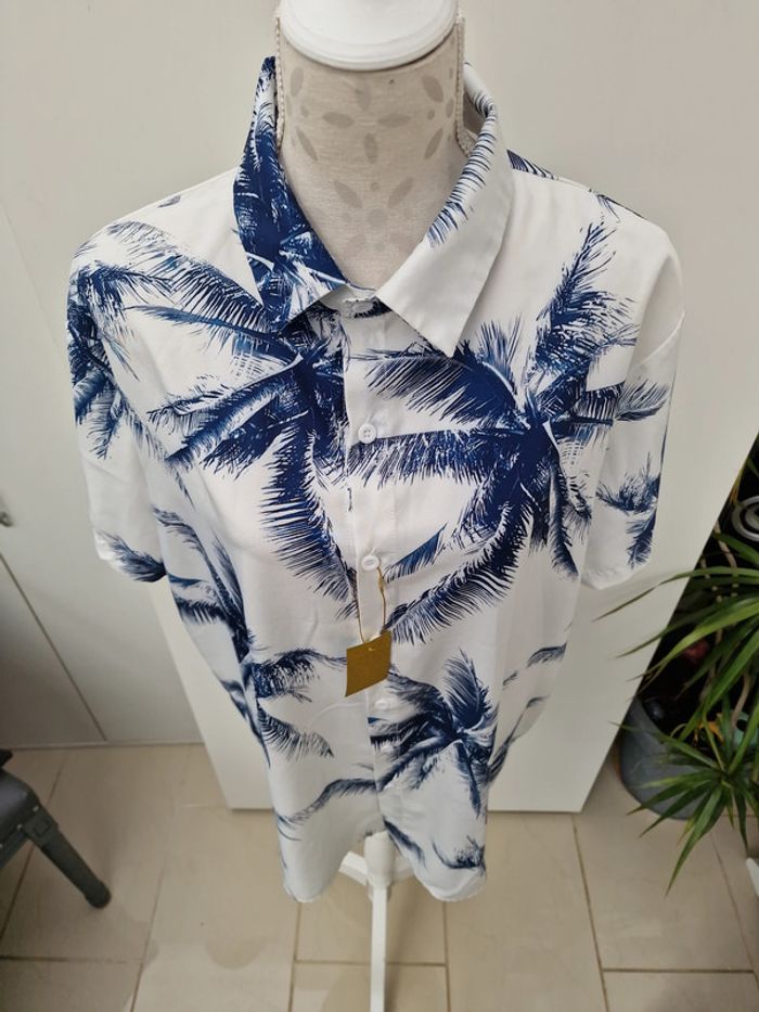 Chemise Blanche Imprimé Palmiers Bleu Marine Manches Courtes - photo numéro 2