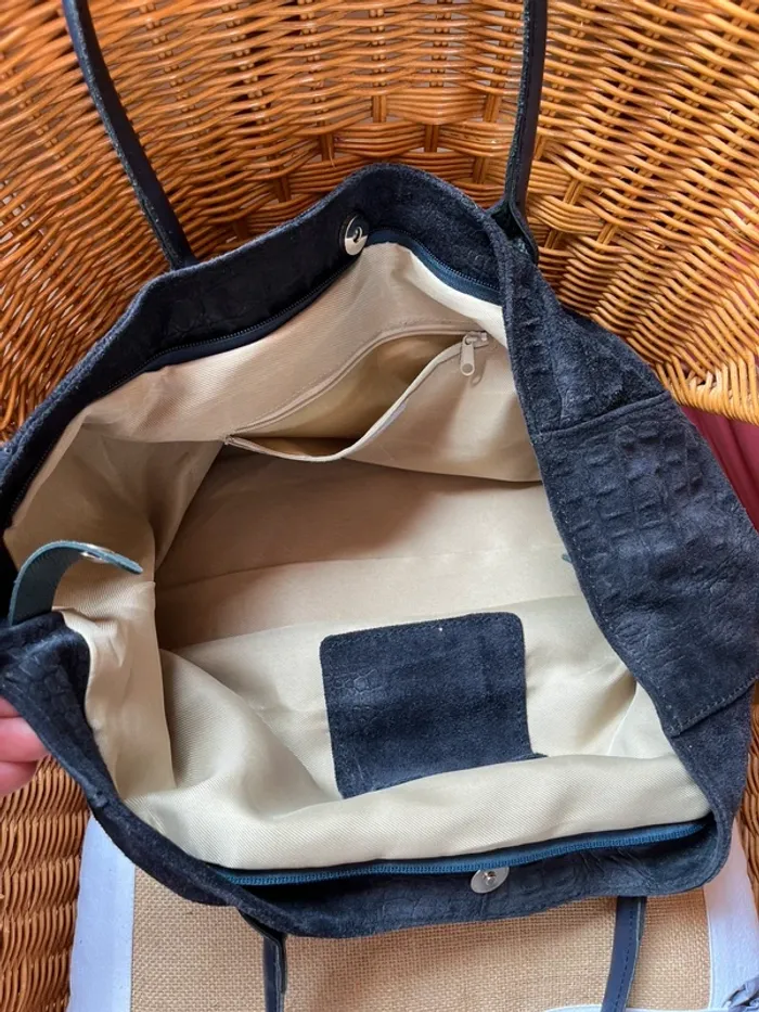 Sac shopping en daim bleu marine fabriqué en Italie très bon état [ref 2507SB119] - photo numéro 16
