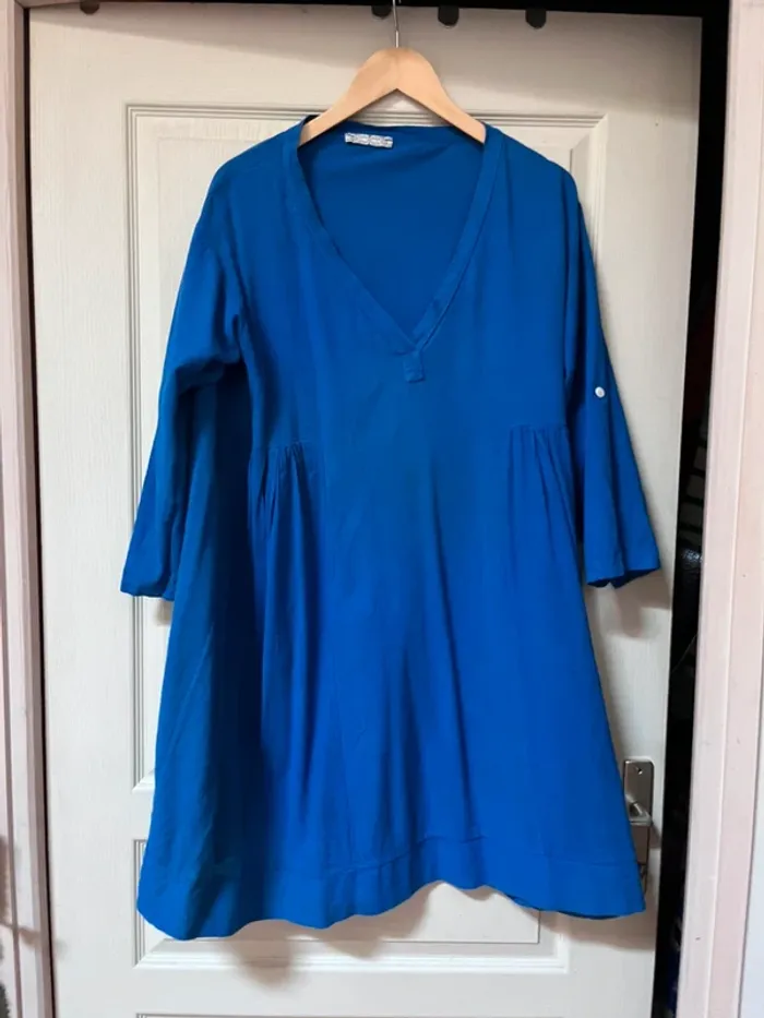 Joli Robe Bleue en lin & coton - Taille 42 - photo numéro 2
