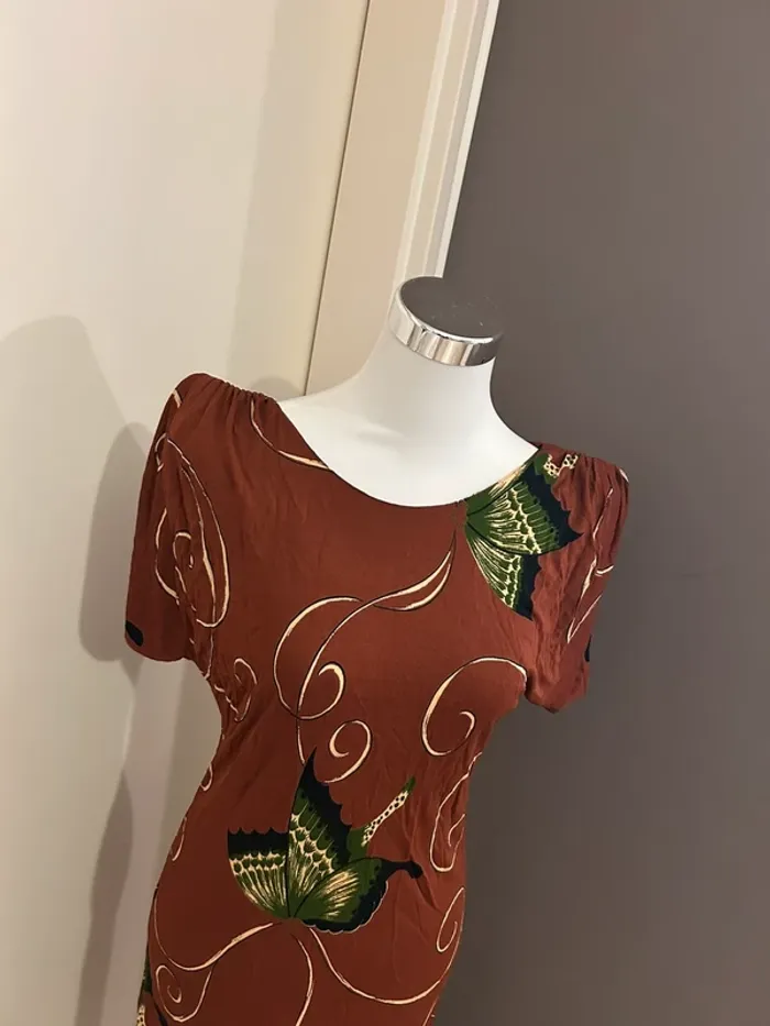 Vintage, robe marron imprimé papillon vert  femme taille 40 - photo numéro 2