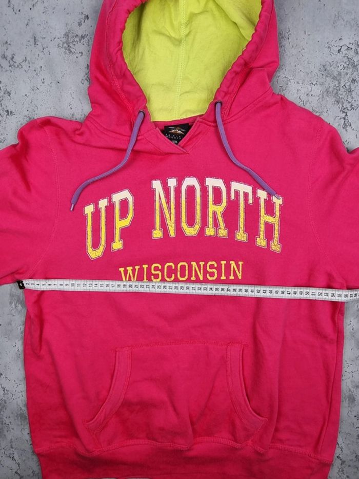 Pull à capuche universitaire Wisconsin rose & jaune – Taille XXL Femme (mesures en photos) - photo numéro 8