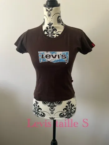 T-shirt court à manches courtes marron motifs blanc et bleu Lévis taille S