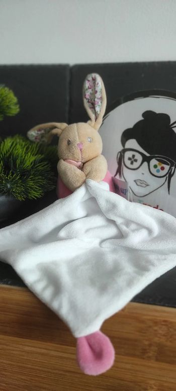 doudou lapin mouchoir baby nat bn0611 poupi rose blanc fleurs Marron Beige