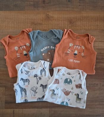 Lot de 5 Bodys Bébé Sans Manches - Thème Animaux