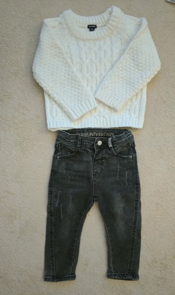 92 cm lot jean slim effet delave et pull torsadé - photo numéro 2