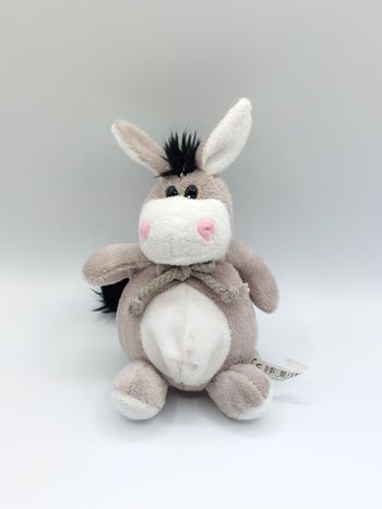Doudou peluche âne gris blanc noir CMP cordelette nez rose 18 cm yeux durs cheval