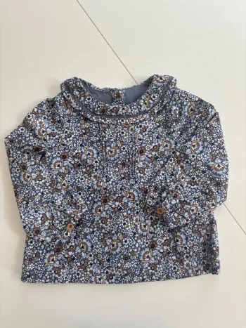 Blouse Sergent Major fleurs bleu et camel – 18 mois (80 cm)