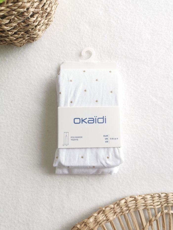 1 Paire de collant fin blanc à pois dorés Okaïdi 7/9 Ans