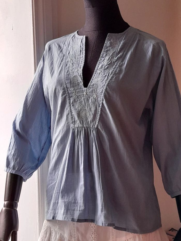 Blouse bleu avec broderie taille s vintage manches bouffantes - photo numéro 8