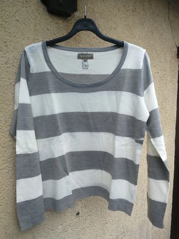 Pull ou haut à rayures blanches et grises manches longues