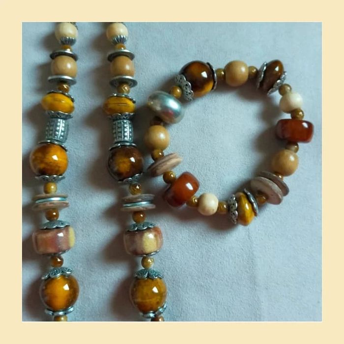 Parure vintage collier + bracelet perles bois & céramique - photo numéro 19