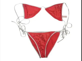 Bikini Triangle Rouge à Paillettes - Finitions Argentées