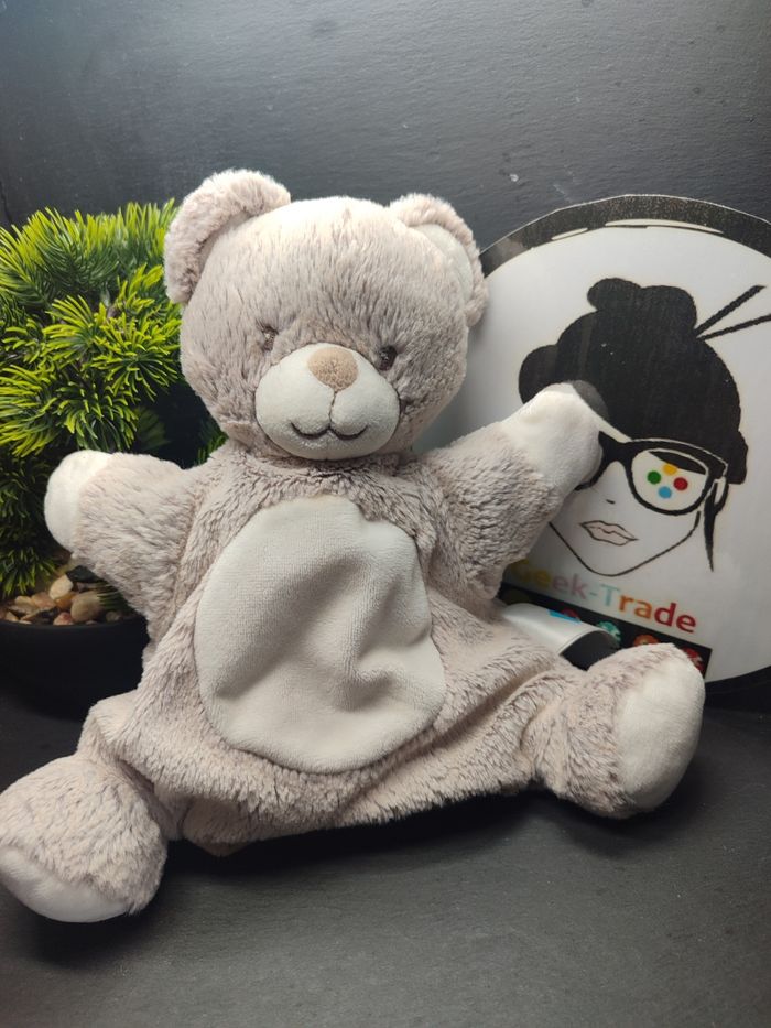 doudou marionnette ours tex baby rond blanc marron gris chiné DD003796 - photo numéro 1