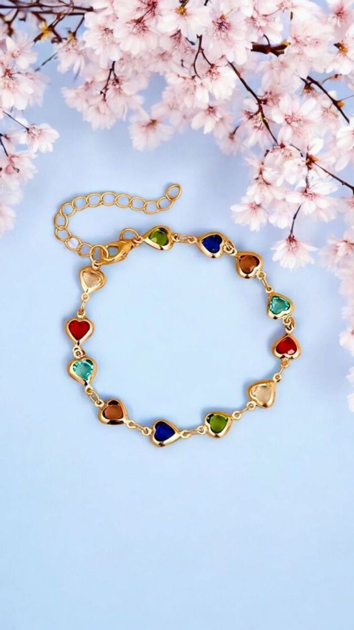 Bracelet coeur oxyde de zirconium multicolore en acier inoxydable doré