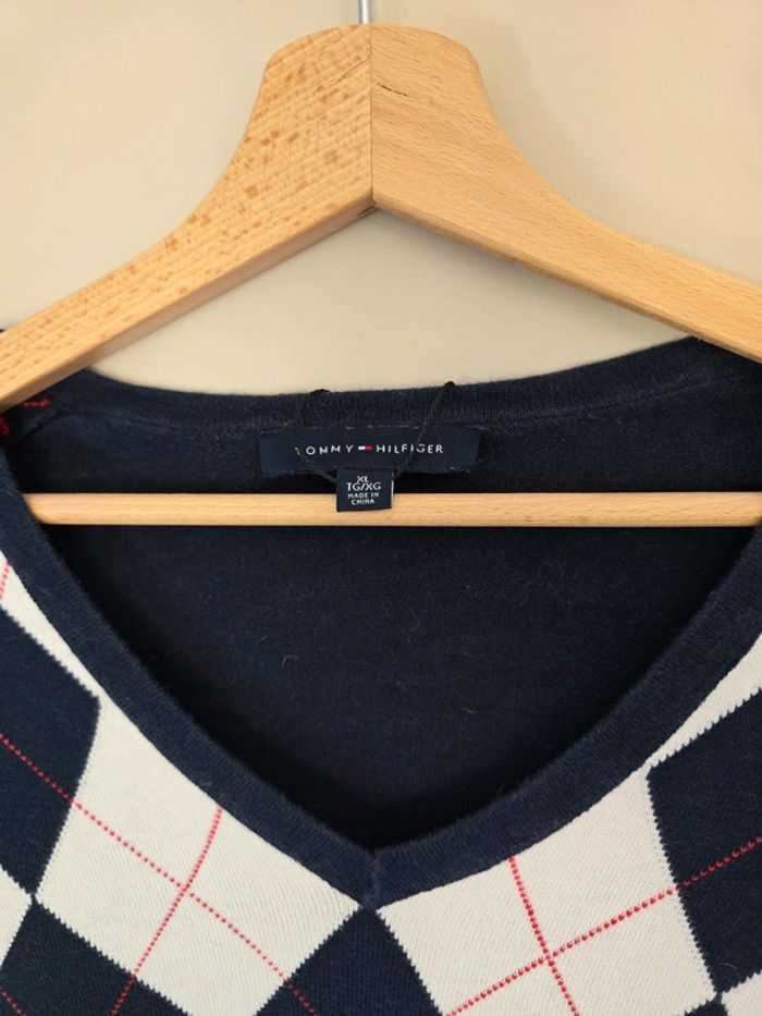 pull tommy hilfiger femme xl col v argyle preppy vintage marine blanc - photo numéro 3