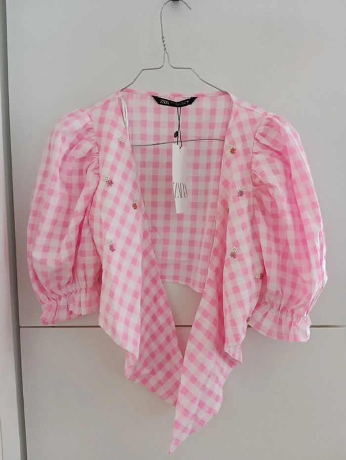 Top à nouer Zara à carreaux rose taille L - photo numéro 4