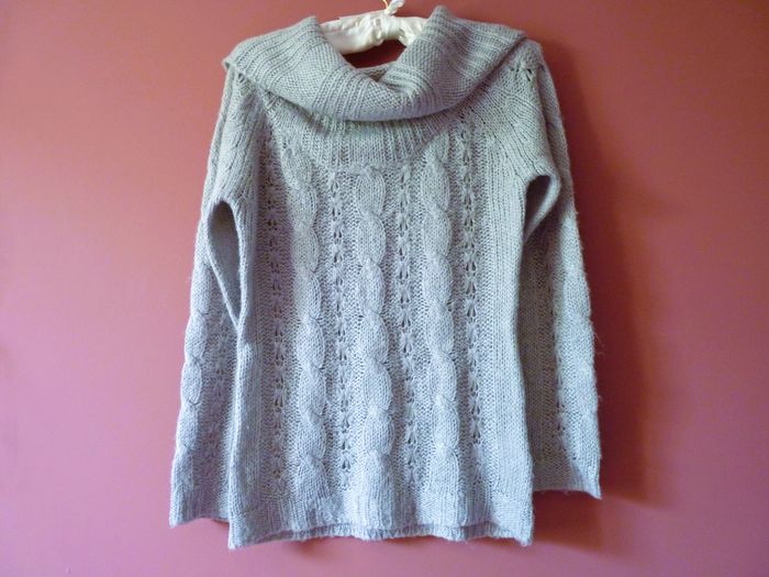 Pull femme gris clair S 36 col châle manches longues TBE