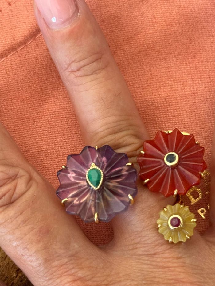 Sublime grande bague réglable habaha Paris fleurs pierres jaspe tournaline  améthyste - photo numéro 6
