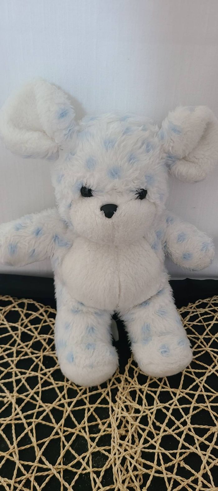 Peluche doudou ours ourson blanc bleu pois Nounours vintage - photo numéro 5