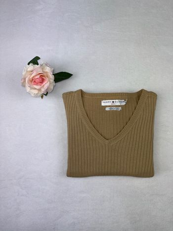 Pull côtelé Tommy Hilfiger femme beige col V Taille M Made in Japan #02125