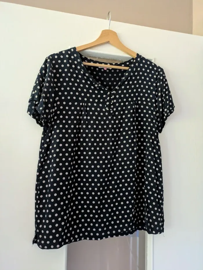 Magnifique haut blouse femme bleu marine à pois beiges Kalisson taille M
