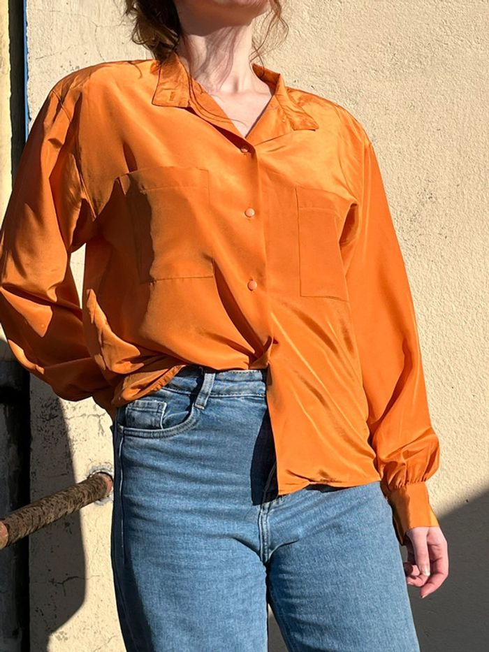 Chemise fluide manches longues bouffantes et épaulettes - orange satiné - photo numéro 2