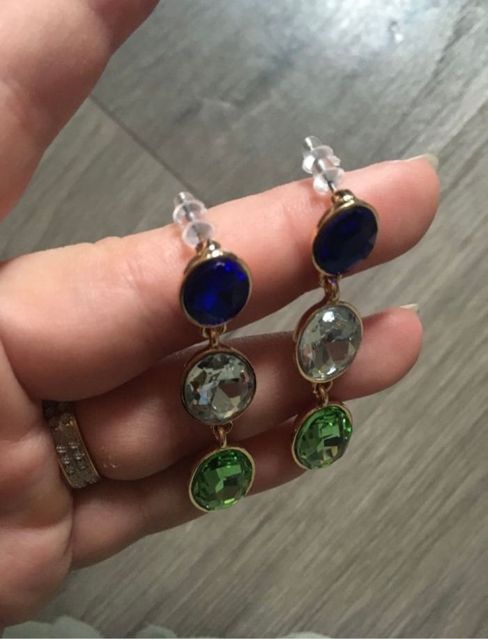Boucles d’oreilles pendantes NEUVES pour femme  avec pierres couleurs bleu foncé, blanc et vert - photo numéro 9