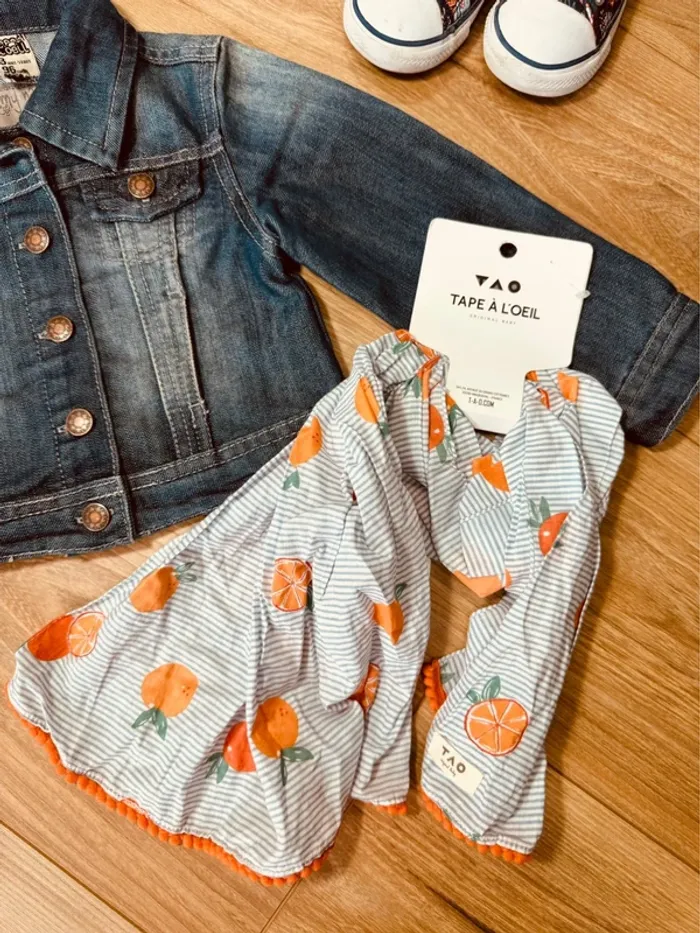 Taille 3 ans veste en jean et chèche fille Tao bleue * orange * 🌷 - photo numéro 3
