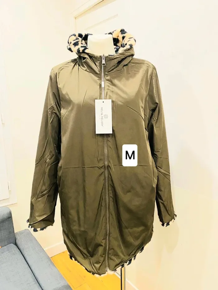 Manteau parka femme imperméable réversible fourré kaki/léopard taille M