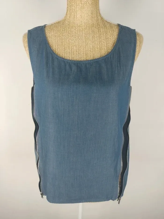 Blouse sans manches tissu impression jeans côté dentelle noire avec zips taille M DDP