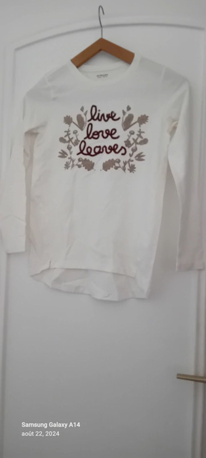 Tee-shirt long motif feuilles et texte brodé crème neuf fille 10 ans vert baudet - photo numéro 10