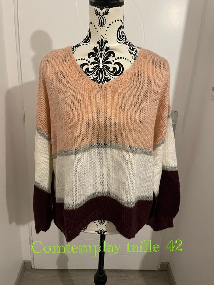 Pull manche longue maille rayure blanc bordeaux corail gris en alpaga neuf comtemplay taille 42