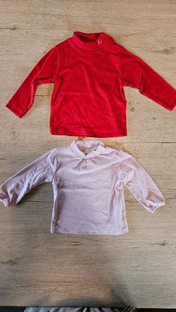2 sous pull à col montant, rouge et mauve claie, Tex Baby, 12 mois, nickel