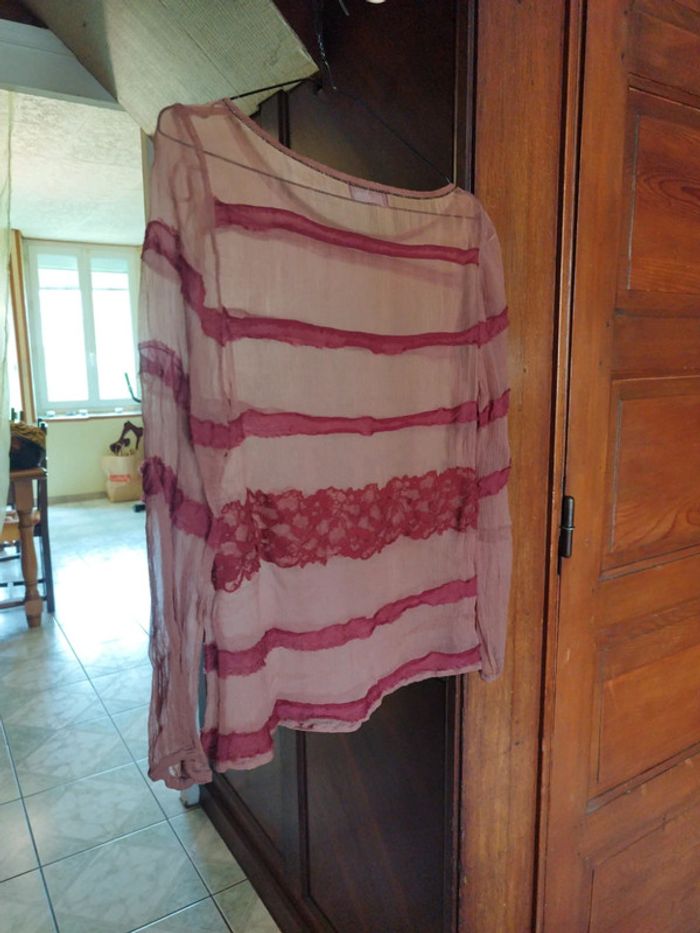 Top blouse rose dentelle col perles vintage M/38 - photo numéro 11