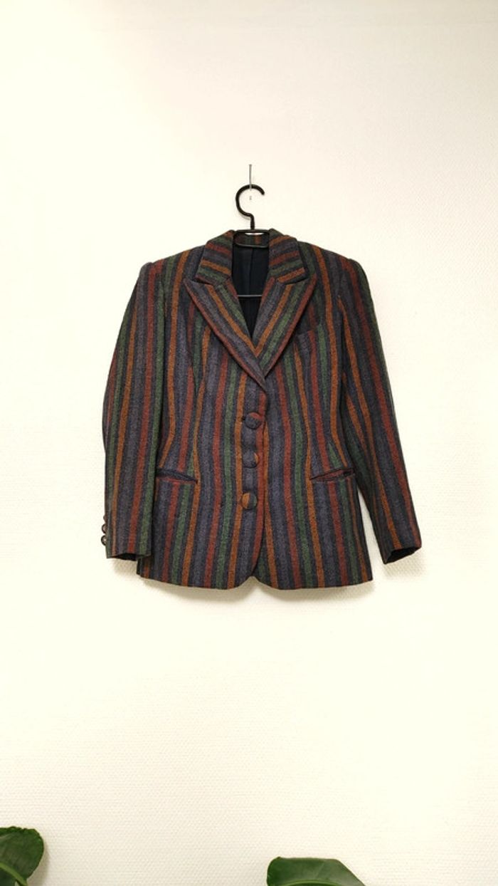 Veste en 100 pour 100 laine totalement vintage année 50 fait main rayure rayé - photo numéro 3