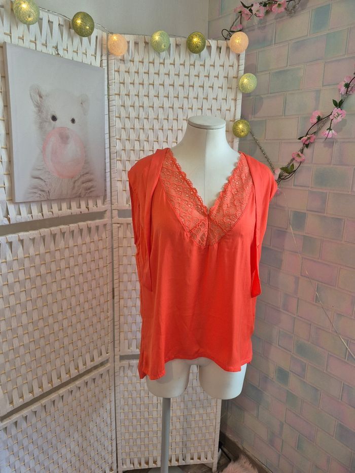 💕Joli Top saumon Darjeeling - Encolure dentelle & liens - femme T42 💕