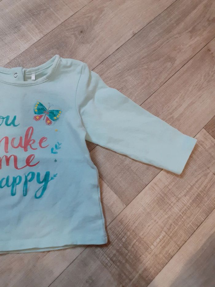 T-shirt fille manches longues turquoise papillon 12 mois neuf - photo numéro 2
