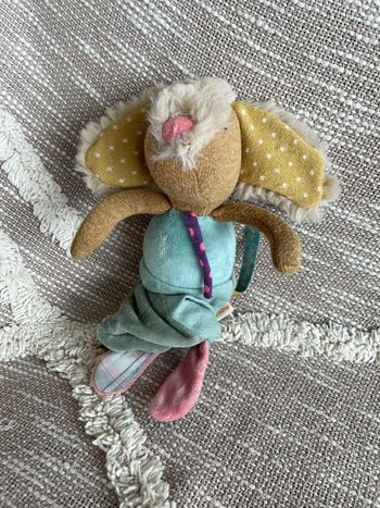 Peluche doudou vibrant moulin roty chien bleu et vert très bon état