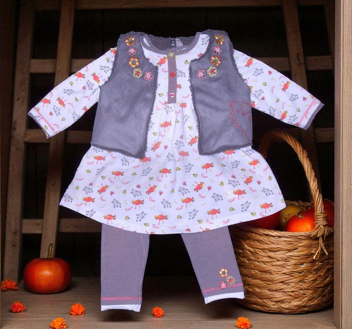 ORCHESTRA - ENSEMBLE 3P BÉBÉ FILLE TAUPE MOTIF FANTAISIE & BRODERIES FLEURS 6M
