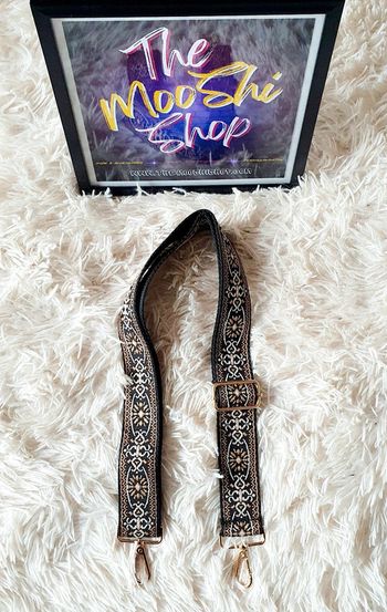 Sangle de sac à main sac banane noir arabesques marron camel écrue écru boucles dorées neuve neuf