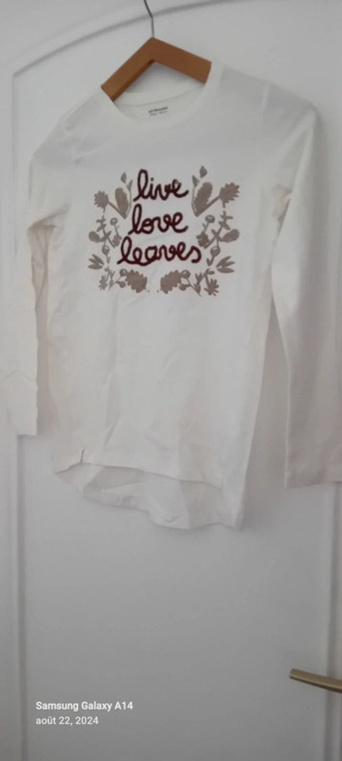 Tee-shirt long motif feuilles et texte brodé crème neuf fille 10 ans vert baudet - photo numéro 11