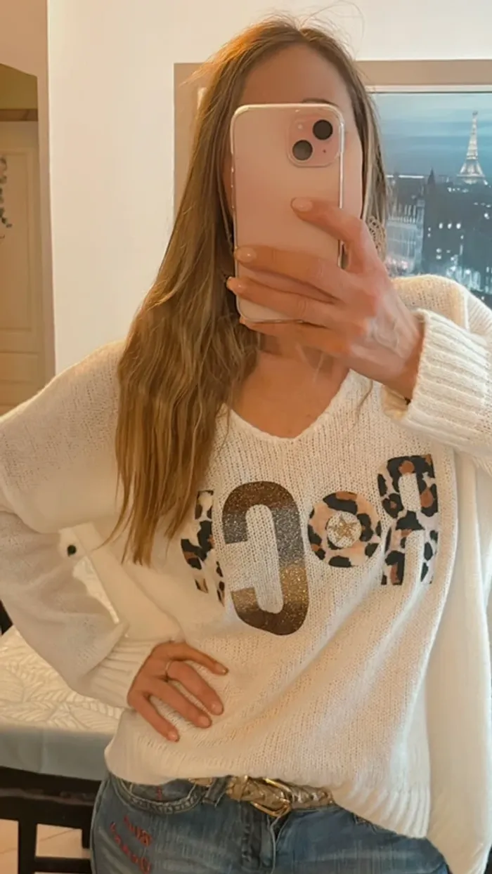 Pull blanc inscription Rock léopard et strass - photo numéro 6